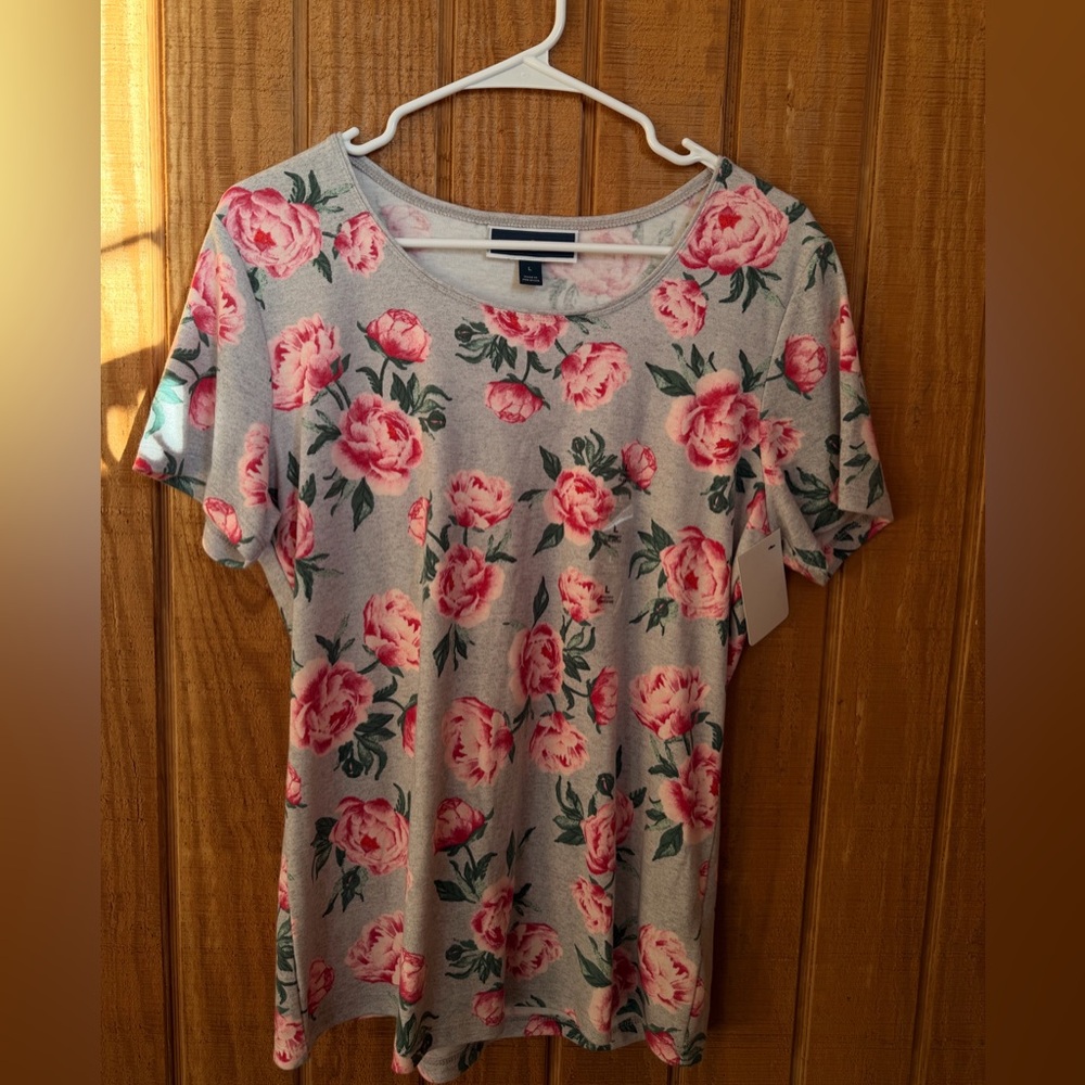 Karen Scott Pink Floral Gray Short Sleeve Top